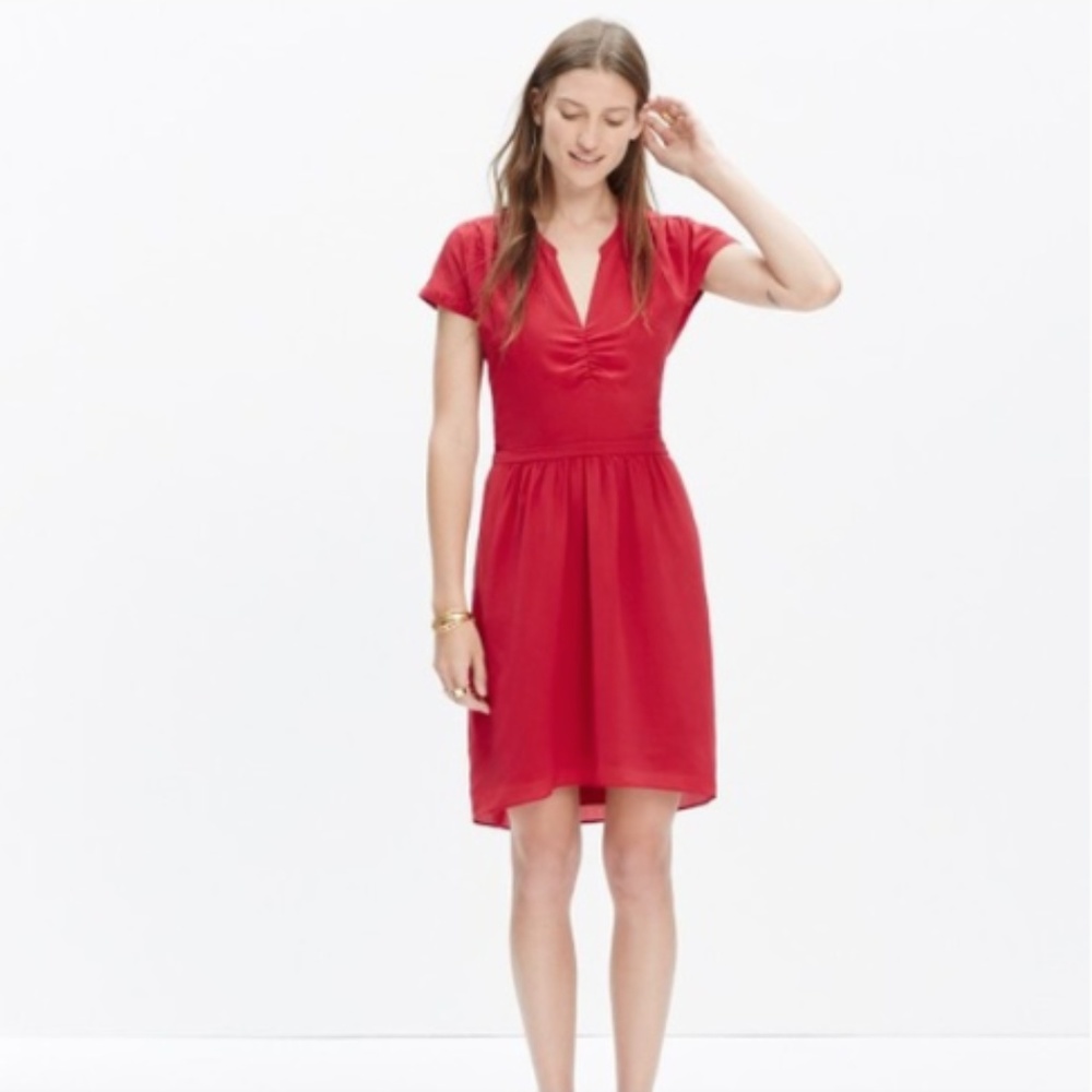 Madewell Red Short Sleeve Silk Fable Dress